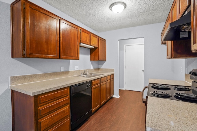 6708 S Creek Dr, Fort Worth, TX 76133 - kitchen featuring black dishwasher, stainless steel range with electric stovetop, a sink, under cabinet range hood, and a textured ceiling