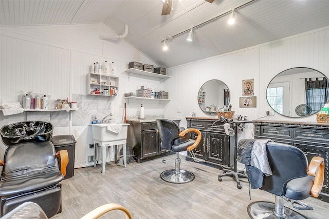 3554 Cromart Ct N, Fort Worth, TX 76133 - office space featuring track lighting, vaulted ceiling, light wood-type flooring, and ceiling fan