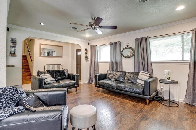 3554 Cromart Ct N, Fort Worth, TX 76133 - living room with stairway, wood finished floors, ceiling fan, crown molding, and recessed lighting