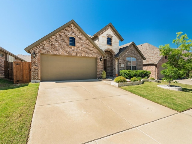 french country style house featuring brick siding, an attached garage, and concrete driveway