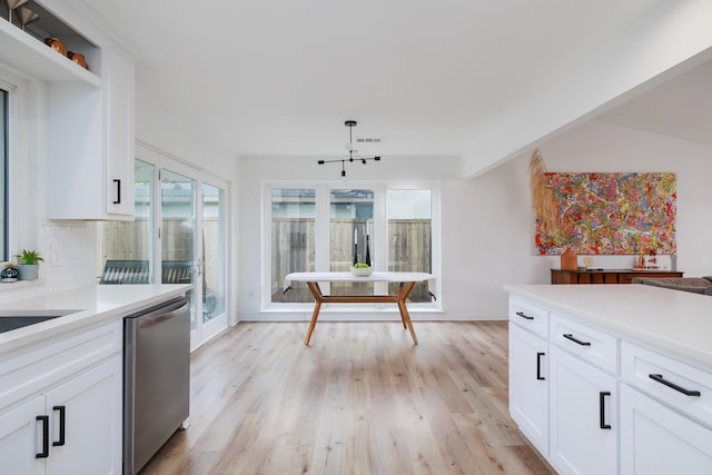 4940 Ashbrook Rd, Dallas, TX 75227 - kitchen with stainless steel dishwasher, decorative backsplash, light countertops, and light wood-style floors