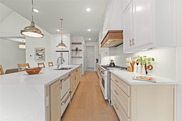4541 Walnut Grove Ln, Prosper, TX 75078 - kitchen with high end range, a sink, open shelves, recessed lighting, and light wood-style floors
