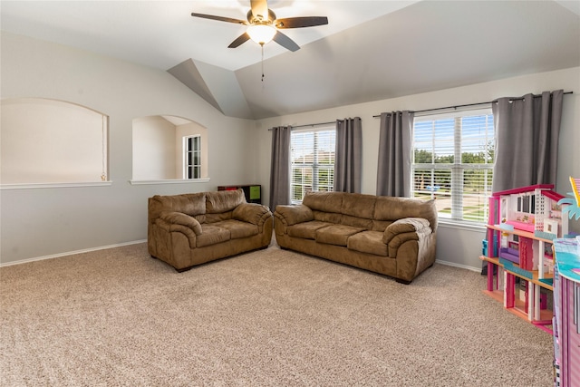 1915 Fairway Crossing Rd, Wylie, TX 75098 - carpeted living room with a ceiling fan, baseboards, and lofted ceiling