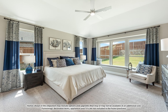 bedroom featuring ceiling fan, carpet, and baseboards