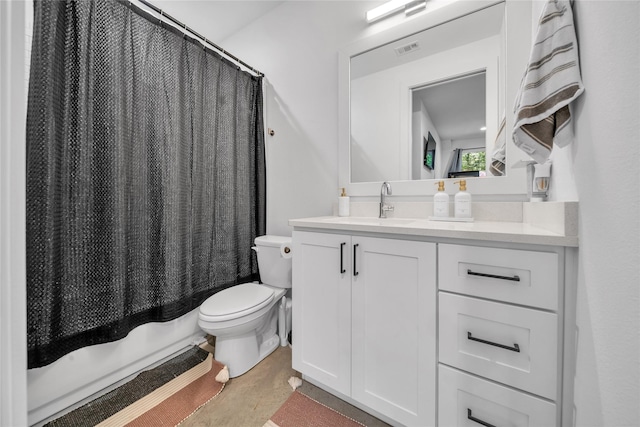 full bath with toilet, vanity, shower / bath combination with curtain, and concrete floors