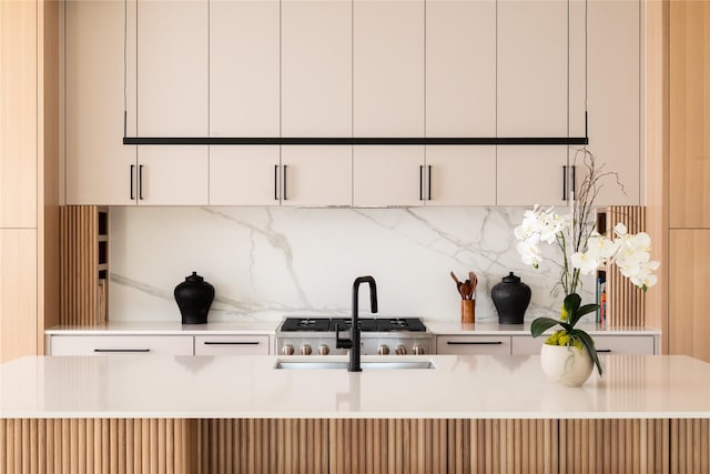 9834 Shoreview Rd, Dallas, TX 75238 - kitchen with a sink, light countertops, decorative backsplash, modern cabinets, and white cabinets