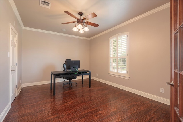 4016 Muscovy Dr, Mckinney, TX 75072 - office area with dark wood-style floors, baseboards, ornamental molding, and a ceiling fan