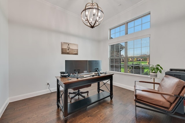 308 Pioneer Ct, Mclendon Chisholm, TX 75032 - office space featuring ornamental molding, a chandelier, baseboards, and dark wood-type flooring