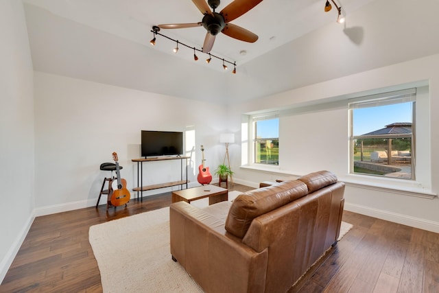 308 Pioneer Ct, Mclendon Chisholm, TX 75032 - living room with rail lighting, baseboards, dark wood-style floors, and a ceiling fan