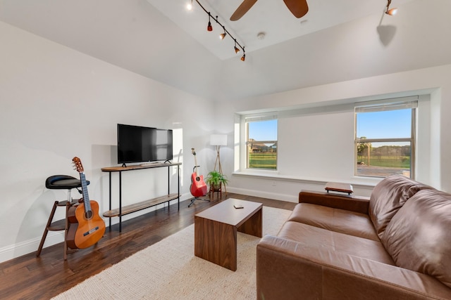 308 Pioneer Ct, Mclendon Chisholm, TX 75032 - living room with wood finished floors, track lighting, lofted ceiling, ceiling fan, and healthy amount of natural light