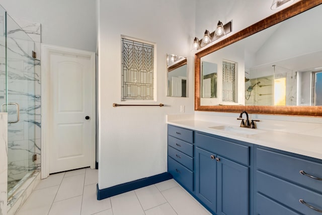 308 Pioneer Ct, Mclendon Chisholm, TX 75032 - bathroom with a marble finish shower, vanity, vaulted ceiling, tile patterned floors, and baseboards