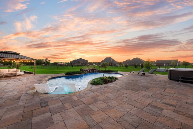 308 Pioneer Ct, Mclendon Chisholm, TX 75032 - pool at dusk with an outdoor hangout area, a gazebo, and a patio