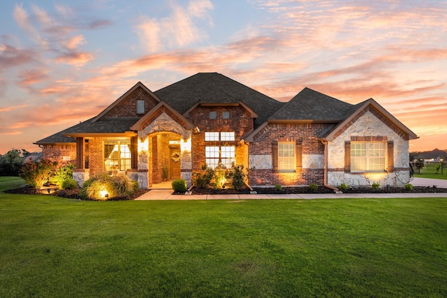 308 Pioneer Ct, Mclendon Chisholm, TX 75032 - french country inspired facade featuring a lawn, stone siding, brick siding, and a shingled roof
