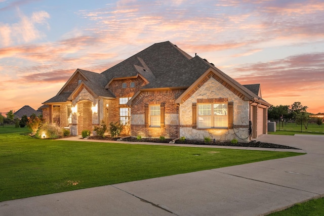 308 Pioneer Ct, Mclendon Chisholm, TX 75032 - french provincial home featuring stone siding, a yard, concrete driveway, and an attached garage