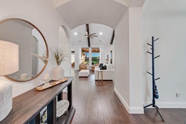 308 Pioneer Ct, Mclendon Chisholm, TX 75032 - hall with arched walkways, dark wood-type flooring, lofted ceiling, recessed lighting, and baseboards