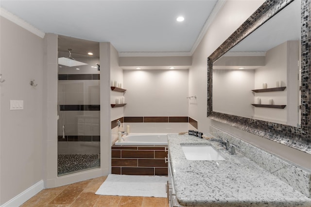 7610 Bantry Cir, Dallas, TX 75248 - full bath featuring a stall shower, a garden tub, ornamental molding, baseboards, and vanity