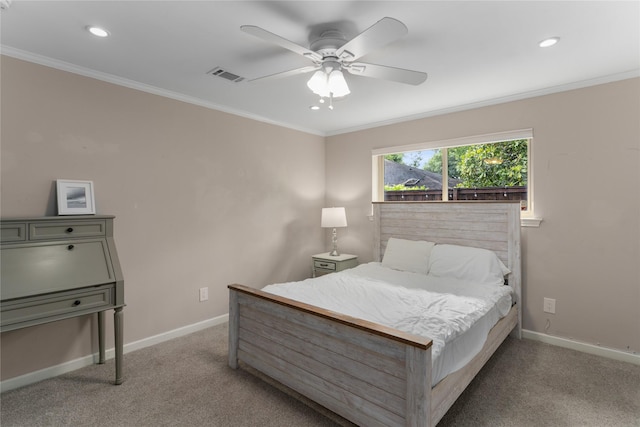 7610 Bantry Cir, Dallas, TX 75248 - bedroom featuring light carpet, baseboards, crown molding, recessed lighting, and a ceiling fan