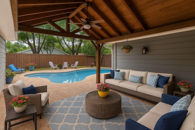 7610 Bantry Cir, Dallas, TX 75248 - view of pool featuring a patio area, an outdoor living space, a ceiling fan, and a fenced backyard