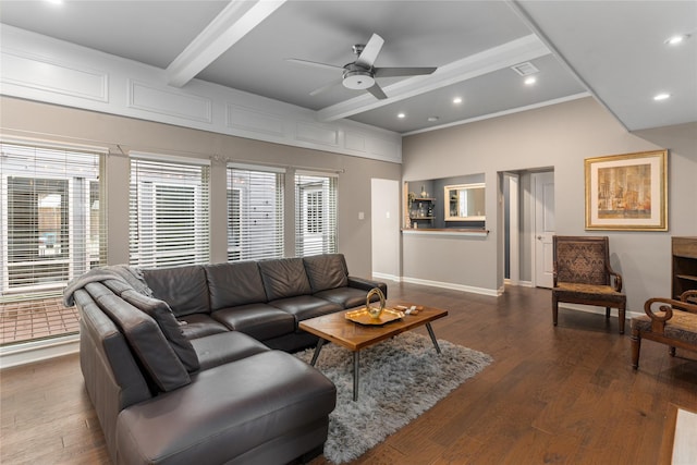 7610 Bantry Cir, Dallas, TX 75248 - living area featuring beam ceiling, ceiling fan, wood finished floors, baseboards, and recessed lighting