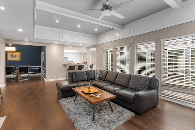 7610 Bantry Cir, Dallas, TX 75248 - living area with dark wood-type flooring, a ceiling fan, and recessed lighting