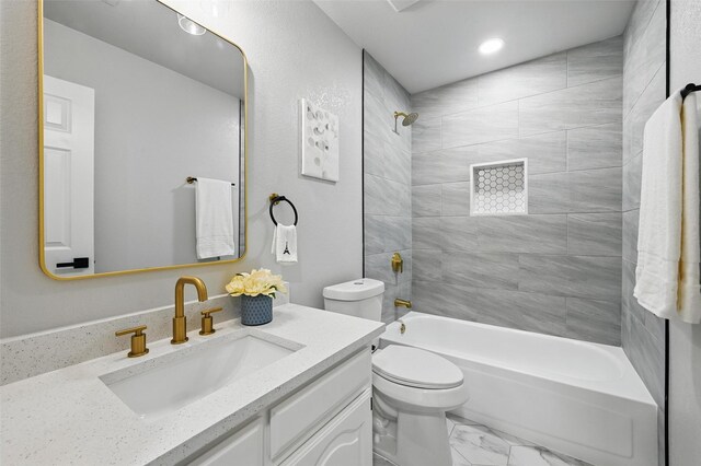 full bathroom featuring toilet, marble finish floors, vanity,  shower combination, and recessed lighting
