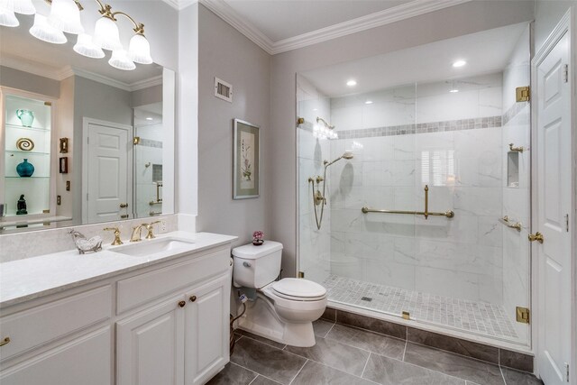 full bath featuring toilet, a stall shower, ornamental molding, vanity, and recessed lighting