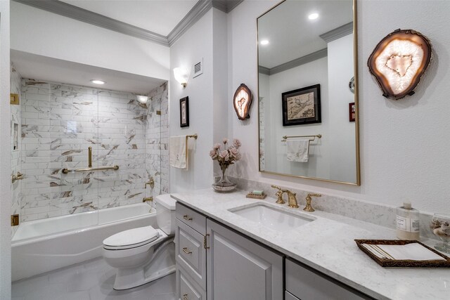bathroom with crown molding, toilet,  shower combination, vanity, and recessed lighting