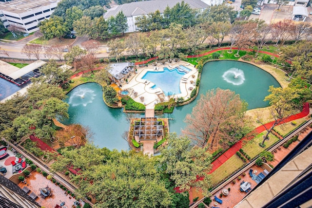 aerial view of a large body of water and a pool