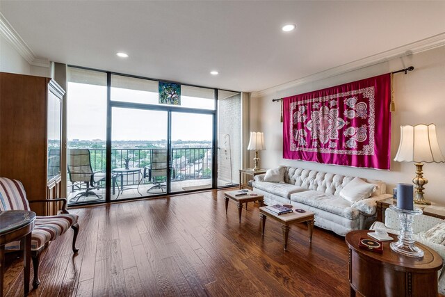 living area featuring a wall of windows, crown molding, wood finished floors, and recessed lighting