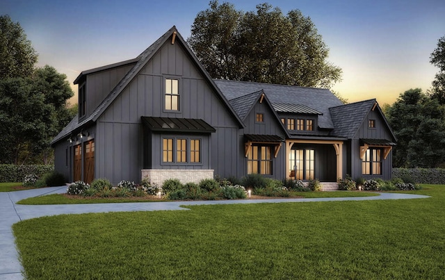 TBDSutton Preserve Street, Weatherford, TX 76085 - modern farmhouse style home featuring board and batten siding, a lawn, a standing seam roof, roof with shingles, and metal roof