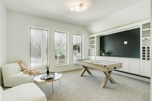 2406 Capitol Pl, Melissa, TX 75454 - playroom with light carpet, a chandelier, and vaulted ceiling