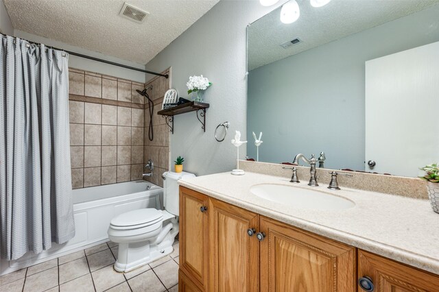 1361 Daffodil Ln, Lewisville, TX 75077 - bathroom with a textured ceiling, toilet, tile patterned flooring, shower / bathtub combination with curtain, and vanity