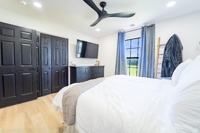 9471 Twin Creeks Cir, Anna, TX 75409 - bedroom featuring light wood-type flooring, recessed lighting, a closet, and ceiling fan