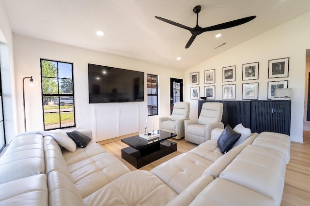 9471 Twin Creeks Cir, Anna, TX 75409 - living area featuring a ceiling fan, light wood finished floors, lofted ceiling, and recessed lighting