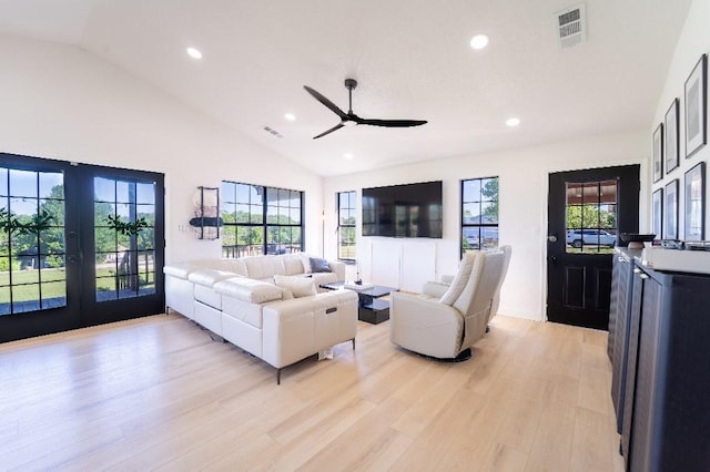 9471 Twin Creeks Cir, Anna, TX 75409 - living area featuring recessed lighting, ceiling fan, light wood-style flooring, french doors, and high vaulted ceiling