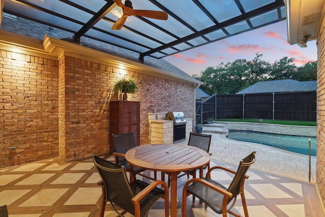view of patio featuring a fenced backyard, a pergola, ceiling fan, and outdoor dining space