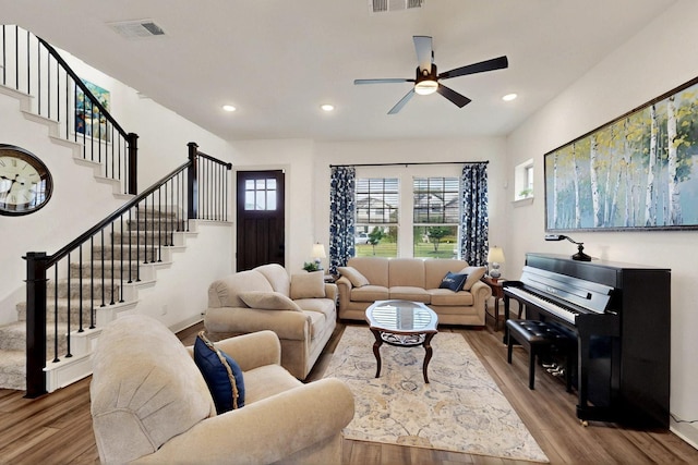 14433 Balmoral Pl, Fort Worth, TX 76008 - living room featuring wood finished floors, stairs, healthy amount of natural light, ceiling fan, and recessed lighting