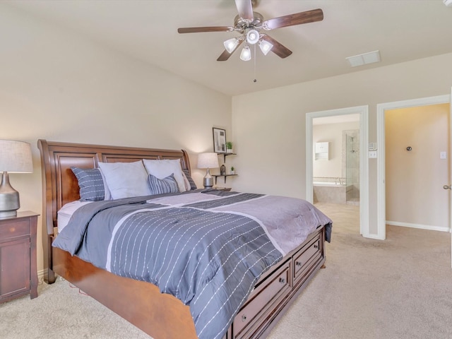 8400 Whistling Duck, Fort Worth, TX 76118 - bedroom featuring light colored carpet, baseboards, ceiling fan, and ensuite bathroom