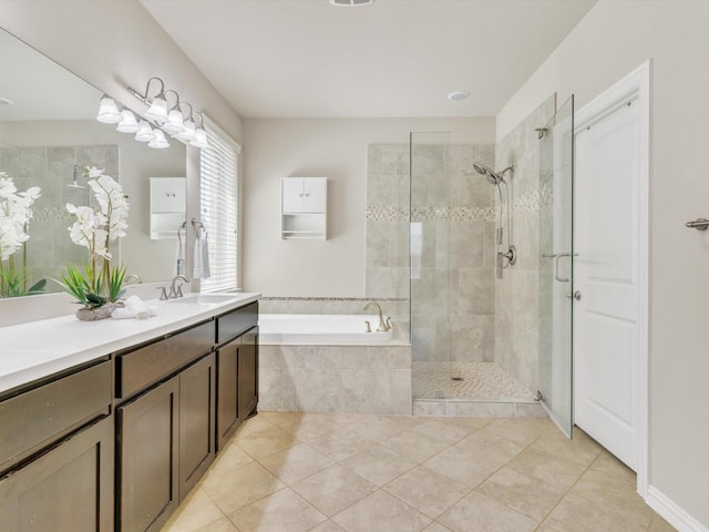 8400 Whistling Duck, Fort Worth, TX 76118 - bathroom featuring tiled shower, a garden tub, tile patterned flooring, and vanity