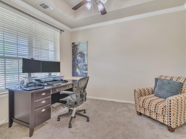 8400 Whistling Duck, Fort Worth, TX 76118 - carpeted home office with ceiling fan, crown molding, baseboards, and a raised ceiling