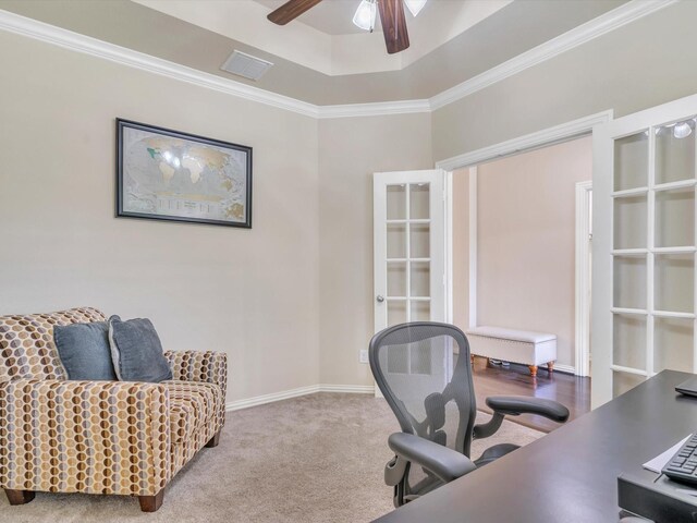 8400 Whistling Duck, Fort Worth, TX 76118 - office space featuring a ceiling fan, crown molding, baseboards, carpet flooring, and a tray ceiling