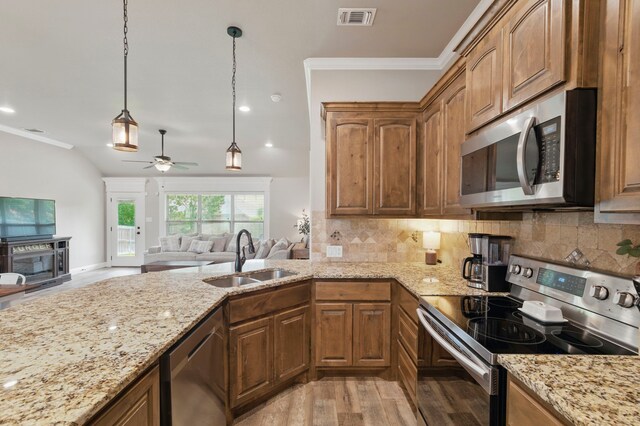 2607 Austin Dr, Granbury, TX 76048 - kitchen featuring appliances with stainless steel finishes, a sink, ornamental molding, open floor plan, and light wood-style floors