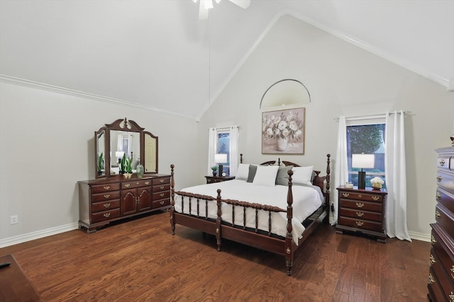 bedroom with dark wood-style floors, high vaulted ceiling, and a ceiling fan