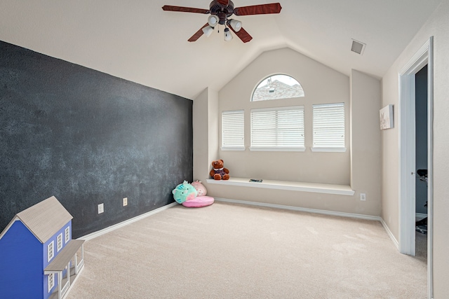 7112 Royal Glen Trl, Mckinney, TX 75072 - playroom featuring carpet floors, vaulted ceiling, a ceiling fan, and baseboards