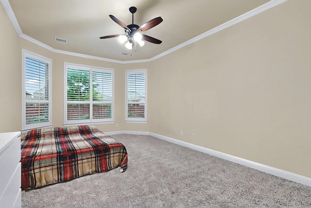 4018 Bear Creek Ct, Celina, TX 75078 - bedroom with carpet floors, ornamental molding, baseboards, and a ceiling fan