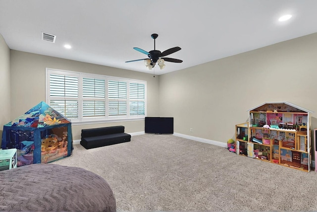 4018 Bear Creek Ct, Celina, TX 75078 - game room featuring ceiling fan, baseboards, carpet flooring, and recessed lighting