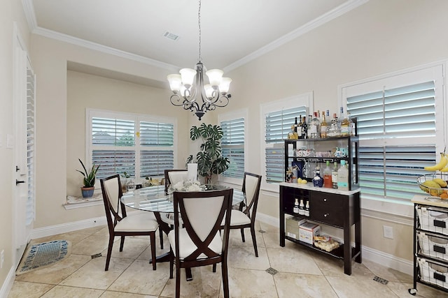 4018 Bear Creek Ct, Celina, TX 75078 - dining space with crown molding, a chandelier, tile patterned flooring, and baseboards