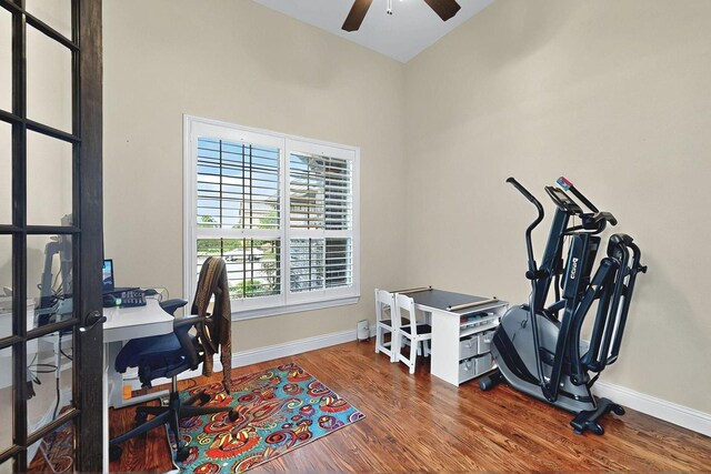 4018 Bear Creek Ct, Celina, TX 75078 - office featuring baseboards, a ceiling fan, and wood finished floors