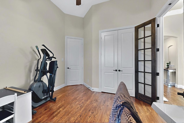 4018 Bear Creek Ct, Celina, TX 75078 - exercise room featuring wood finished floors, baseboards, and high vaulted ceiling