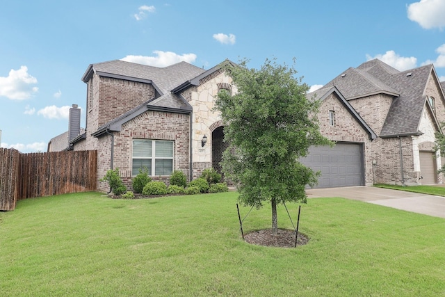 french country inspired facade with brick siding, concrete driveway, roof with shingles, an attached garage, and stone siding